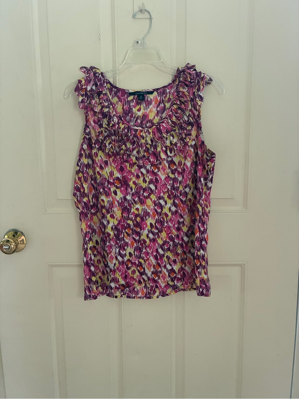 Chadwicks Pink Multi-Print Ruffle Neck Sleeveless Top